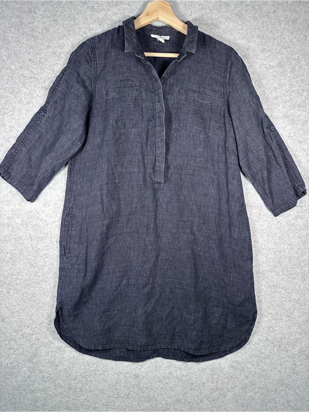 Eileen Fisher Gray Organic Linen Roll-Sleeve Tunic Dress Petite Small